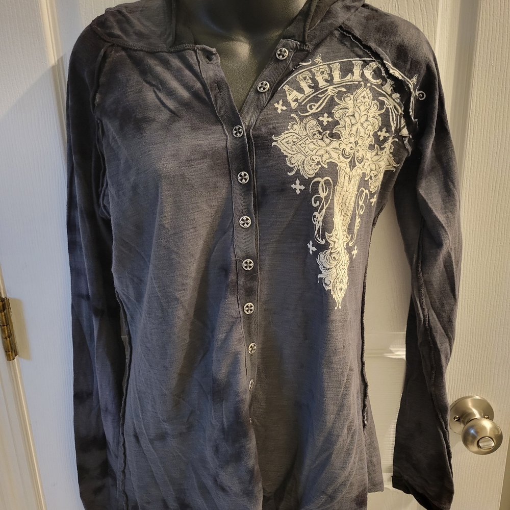 Affliction Men's Charcoal Long Sleeve Tee with Cream Design